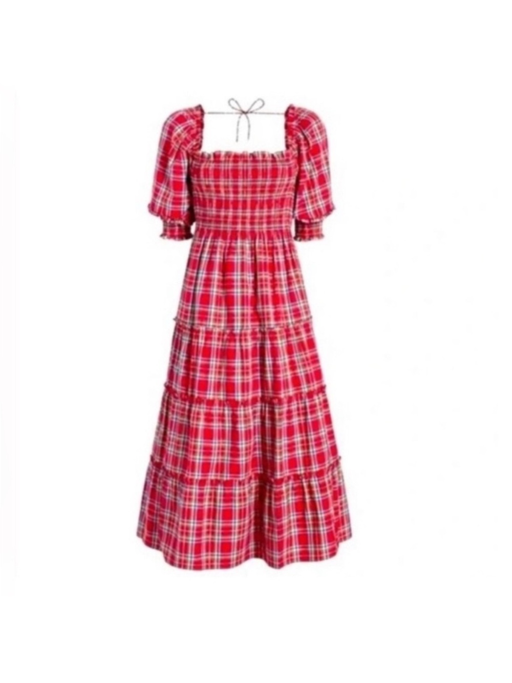 Hill House Red Tartan Puff-Sleeve Nesli  Maxi Dress
